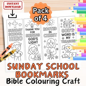 May include: Four Sunday School bookmarks with Bible-themed colouring pages. Each bookmark features a different design with inspirational text and illustrations. Includes crayons and a "Pack of 4" label.