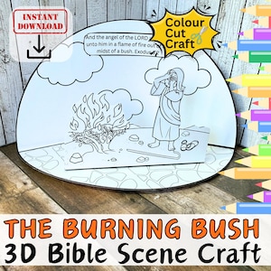 Moïse et le buisson ardent, scène 3D de l'histoire de la Bible, créations en papier pour enfants, école du dimanche, découpe, bâton de pliage, page à colorier chrétienne imprimable à faire soi-même