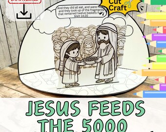 Könnte beinhalten: Ein schwarz-weißes druckbares 3D-Bastelset für eine biblische Szene, die Jesus darstellt, der die 5.000 Menschen speist. Das Bastelset enthält eine Szene, in der Jesus einer Frau einen Korb mit Essen reicht. Der Text "And they did all eat, and were filled: and they took up of the fragments that remained twelve baskets full. Matt 14:20" ist im Bild enthalten.