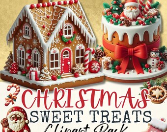 May include: A digital clipart pack of 25 Christmas sweet treats, including a gingerbread house, a decorated cake, a gingerbread man, a stocking, and a pie. The clipart is in PNG format and has transparent backgrounds.