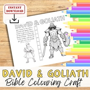 May include: Black and white coloring page featuring David and Goliath from the Bible story. The page includes a height chart and the text "You come to me with a sword and spear. But I come to you in the name of the Lord of Hosts, the God of Israel - the battle is the Lord's, and He will give you into our hands. Taken from 1 Samuel 17:45-47".