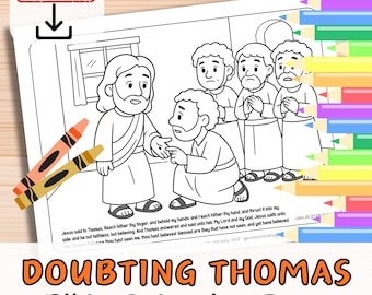 May include: A black and white line drawing of a Bible scene with Jesus and his disciples, labeled "Doubting Thomas Bible Colouring Page." Includes crayons and an "Instant Download" stamp.