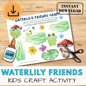 Atividade divertida de artesanato em papel com a natureza para crianças: sapo-ninho-d'água e seus amigos. Projeto de arte fácil para imprimir. Escola/clube infantil. Educação domiciliar. Kit de insetos faça você mesmo.