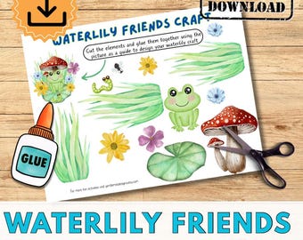 WATERLILY FROG & FRIENDS Fun Nature Paper Craft Activity for Kids.  Printable Easy Art Project. School/kids club. Homeschool. Diy Bug Kit