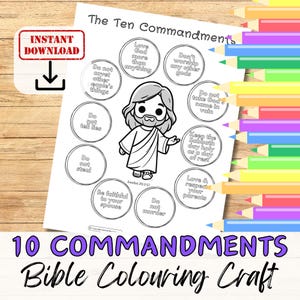 May include: Black and white colouring page featuring the Ten Commandments with a cartoon illustration of Jesus. The page includes a title, "The Ten Commandments", and a Bible verse reference, "Exodus 20:2-17".