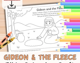 May include: Black and white line art coloring page titled "Gideon and the Fleece." The image features a biblical scene with a man kneeling, a jug, and text. Includes the words "Instant Download" and "Bible Colouring Craft."