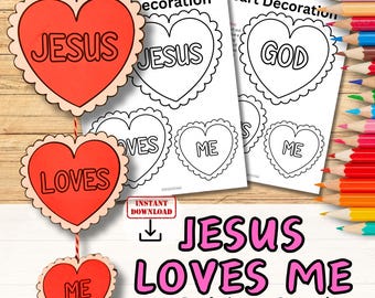 Puede incluir: Una manualidad imprimible para niños con una guirnalda en forma de corazón con las palabras "Jesús me ama" en rojo y rosa. La guirnalda está compuesta por cuatro corazones, cada uno con una palabra diferente: "Jesús", "Ama", "Yo", y "Yo". La manualidad es perfecta para una lección de escuela dominical o una actividad para el Día de San Valentín.