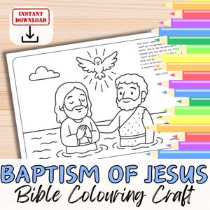 BAPTISM of JESUS Bible Verse Coloring in Sheet Activity for kids, youth. Sunday School Christian. Story of John The Baptist Printable Craft