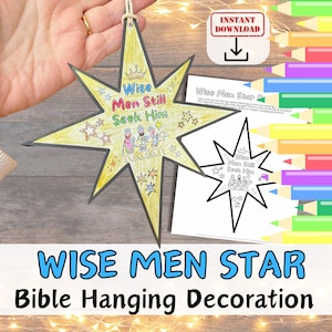 Peut inclure: Décoration de Noël en forme d'étoile avec l'inscription « Wise Men Still Seek Him ». L'étoile est jaune avec un contour noir et présente des illustrations d'étoiles et des rois mages. Une version plus petite en noir et blanc est également visible.