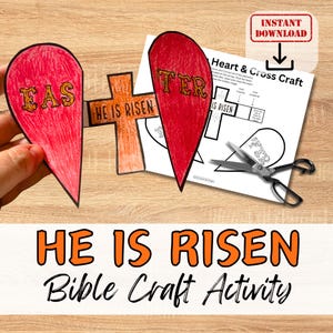IL EST RESSUSCITÉ, versets bibliques en papier, activité artisanale de croix de Pâques pour les enfants. Kit d'école du dimanche/école à la maison à déplier en forme de coeur à imprimer et à colorier