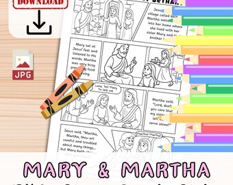 May include: A black and white comic strip illustrating the Bible story of Mary and Martha. The comic features panels with drawings of Jesus, Mary, and Martha, with speech bubbles. Two crayons are on the page, and the words "Instant Download" are in a red box.