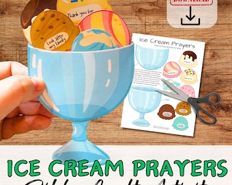 Puede incluir: Una actividad de manualidades imprimible en forma de cono de helado para niños. La actividad incluye un tazón de helado azul, seis bolas de helado diferentes con indicaciones de oración e instrucciones sobre cómo jugar a la actividad. El texto en las bolas de helado incluye "Gracias por", "Cuida de mi familia", "Te necesito", "Ayúdame", "Sé valiente" y "Sé amable".