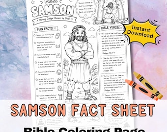 SAMSON Fact Sheet Bible Coloring Page Activity kids - Sunday School.  Printable Jpg Craft Worksheet. Old Testament story character
