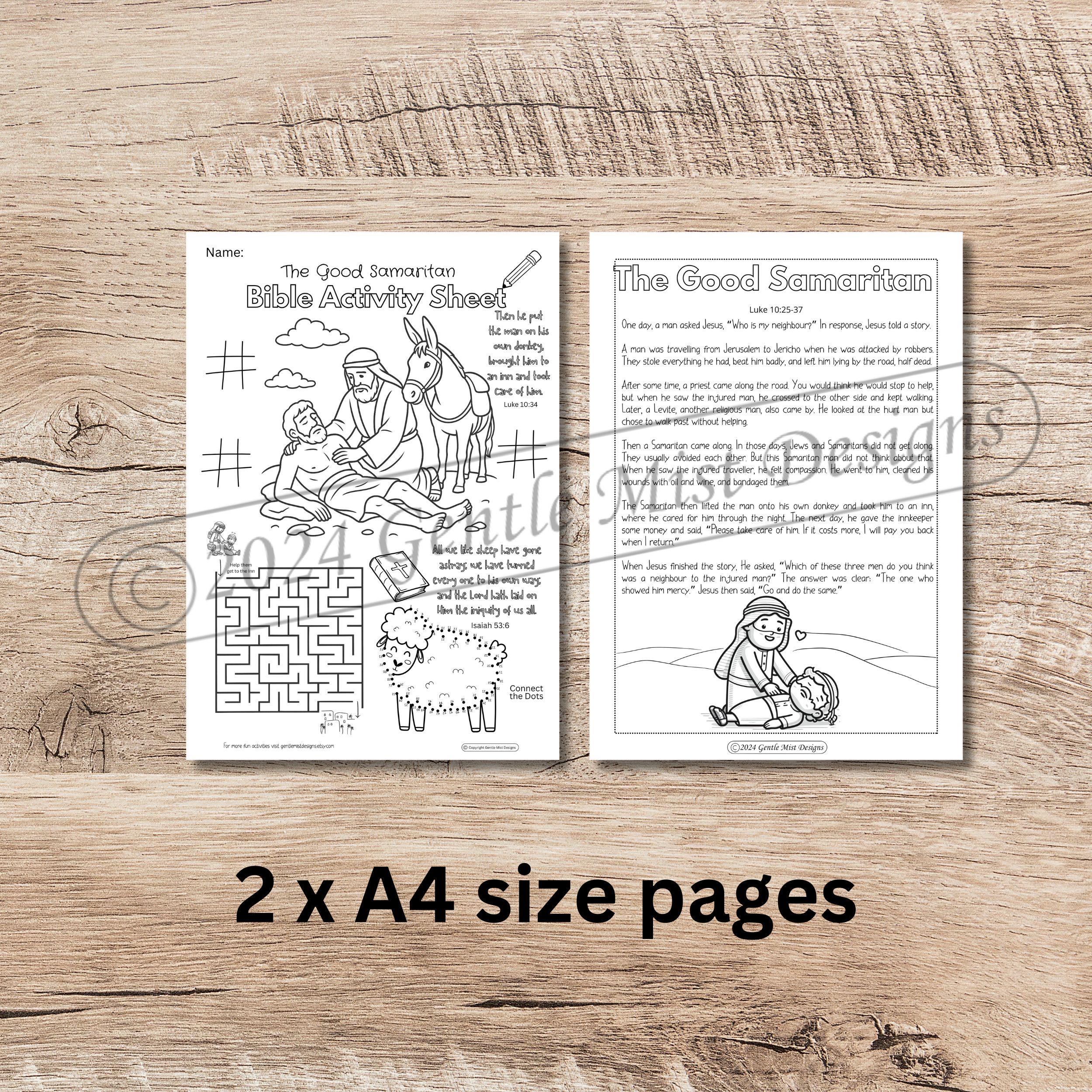 THE GOOD SAMARITAN Bible Story and Activity Sheet for Kids. Sunday ...