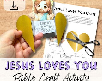 JESUS LOVES YOU Bible Verse Paper Craft Activity for Kids. Fold Out Heart Sunday School/Homeschool Kit Printable Diy Bible Verse Lesson Plan
