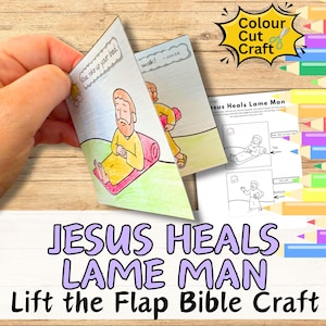JEZUS HEALS LAME Man Bijbelverhaal Til de klep op Paper Craft voor kinderen zondagsschool Knippen, plakken Kleurplaat. Christelijke afdrukbare doe-het-zelfkit