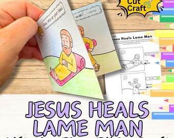 May include: A colorful, illustrated Bible craft titled "Jesus Heals Lame Man." The craft features a lift-the-flap design with images of Jesus and a man. The text includes "Rise, take up your bed" and "walk!" The craft is designed for coloring and cutting.