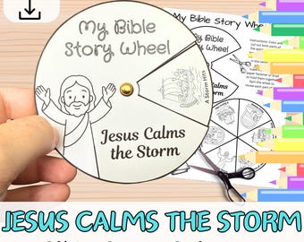 May include: A white and black Bible story spinner with the text "My Bible Story Wheel" and "Jesus Calms the Storm." The spinner features illustrations and instructions for use. A pair of scissors is next to the spinner.