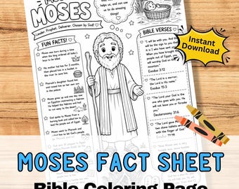 MOSES Fact Sheet Bible Coloring Page Activity kids - Sunday School.  Printable Jpg Craft Worksheet. Old Testament story character