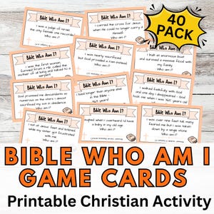 Bible Who Am I? Game Cards – 40 Printable Character Riddle Cards Christian Quiz Activity for Kids, Youth Groups, Sunday School & Family Fun