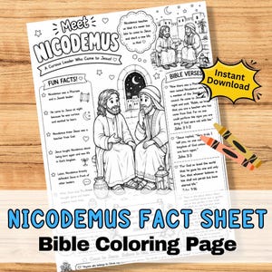 Puede incluir: Una página para colorear imprimible en blanco y negro titulada Meet Nicodemus, A Curious Leader Who Came to Jesus. Incluye ilustraciones de Jesús y Nicodemo, secciones de datos curiosos, versículos bíblicos y un icono de estrella amarilla.