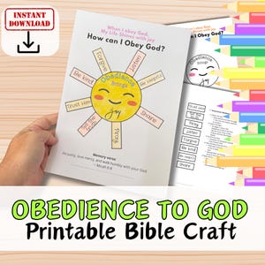 May include: A printable Bible craft titled "Obedience to God." The main image features a sun with the word "Obedience" and "joy" in the center. Surrounding the sun are words like "Forgive" and "Share." The image also includes the text "Instant Download."
