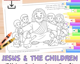 May include: Black and white line art of Jesus surrounded by children, a coloring craft. The image includes the text "Jesus & The Children Bible Colouring Craft" and "Instant Download". Two crayons are in the lower left corner.