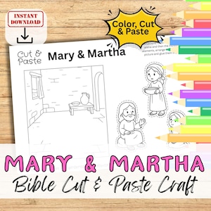 Könnte beinhalten: Ein schwarz-weißes "Maria & Martha" Bibel-Ausschneide- und -Klebehandwerk. Der Druck zeigt eine Szene mit einem Tisch, einem Fenster und einem Krug sowie ausgeschnittenen Figuren. Die Wörter "Sofort-Download" und "Farbe, schneiden & einfügen" sind ebenfalls sichtbar.