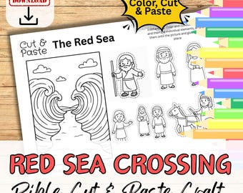 May include: A printable coloring page and cut-out craft activity for kids featuring the story of the Red Sea crossing from the Bible. The page includes a black and white illustration of the Red Sea parting, and cut-out figures of Moses, the Israelites, and a donkey.