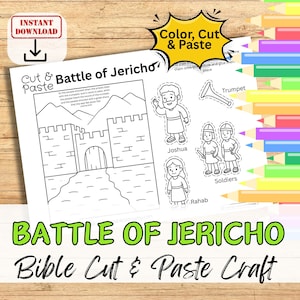 May include: A black and white printable craft activity for kids featuring the story of the Battle of Jericho from the Bible. The craft includes a cut and paste activity with a picture of the city walls of Jericho, Joshua, Rahab, soldiers, and a trumpet.