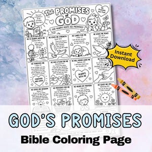May include: A black and white printable coloring page titled The Promises of God, featuring various illustrations of children, animals, and religious symbols alongside Bible verses. A yellow starburst graphic with the text Instant Download is visible.