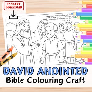 Puede incluir: Dibujo lineal en blanco y negro de una página para colorear de la Biblia titulada "David Anointed". La imagen representa a un hombre ungiendo a otro con aceite, con otras figuras en el fondo. Las palabras "Descarga instantánea" están en un recuadro rojo.