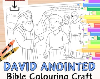 Puede incluir: Dibujo lineal en blanco y negro de una página para colorear de la Biblia titulada "David Anointed". La imagen representa a un hombre ungiendo a otro con aceite, con otras figuras en el fondo. Las palabras "Descarga instantánea" están en un recuadro rojo.