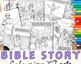 May include: Black and white coloring pages featuring Bible stories. Each page includes a scene from the Bible with a short Bible verse. The pages are ready to be colored in with crayons, markers, or colored pencils.
