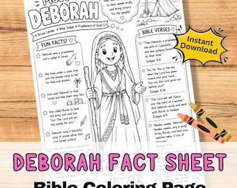 DEBORAH Fact Sheet Bible Coloring Page Activity for kids Sunday School.  Printable Jpg Craft Worksheet. Old Testament story character