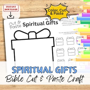 Puede incluir: Una hoja de actividades imprimible en blanco con el texto "Spiritual Gifts Bible Cut & Paste Craft". La hoja presenta un gran contorno de caja de regalo, contornos de cajas de regalo más pequeños con palabras como "Wisdom" y "Healing", y las palabras "Color, Cut & Paste."