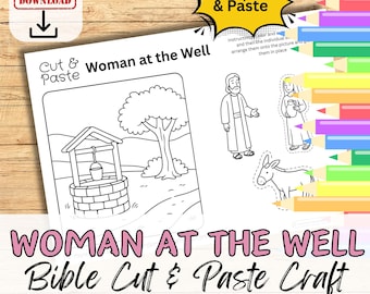 Puede incluir: Una manualidad bíblica en blanco y negro de "La mujer en el pozo". El imprimible presenta un pozo, un árbol y figuras para colorear, recortar y pegar. Incluye el texto "Descarga instantánea" y "Color, Cut & Paste".