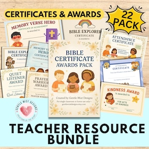 Bible Certificates Bundle Pack for Sunday School | 22 Printable Christian Awards for Kids | Teacher Resource for Church Homeschool Youth