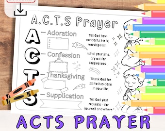 ACTS PRAYER - How to Pray Lesson Activity Sheet for Kids/Youth Bible Coloring in. Sunday School Christian Church Printable Craft Worksheet