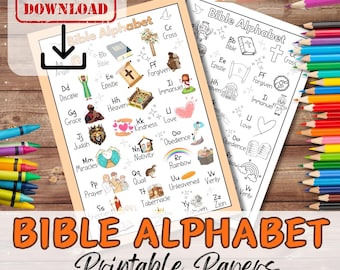 KIDS BIBLE ALPHABET Poster & Colouring Activity. Educational Teach and Learn Letters Sunday School Christian Homeschool Printable