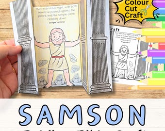 SAMSON’S STRENGTH Bible Story Folding Paper Craft for Kids Sunday School Cut, stick Colouring Page. Christian Printable Diy Kit