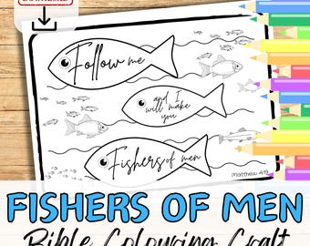 FISHERS OF MEN  Bible Verse Colouring Sheet Activity for kids, youth. Sunday School Christian Printable Coloring in Craft