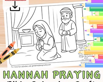 Puede incluir: Dibujo lineal en blanco y negro de una página para colorear de la Biblia con Ana rezando. Un hombre está cerca. Las palabras "Hannah Praying Bible Colouring Craft" están en la parte inferior, con "Descarga instantánea" en la parte superior.
