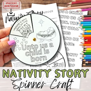 NATIVITY BIBLE STORY Spinner Craft. First Christmas Bible verse Sunday School Activity. Church Youth lesson for Kids