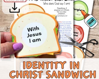 Könnte beinhalten: Druckbarer Bibelbastelbogen für Kinder mit einem Sandwich, auf dem "Mit Jesus bin ich" steht. Das Bastelset enthält ein Sandwich, eine Tomatenscheibe, eine Gurke und ein Stück Käse. Das Bastelset soll Kindern ihre Identität in Christus näherbringen.