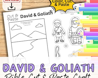 May include: A printable coloring page and cut-out craft activity featuring David and Goliath from the Bible story. The page includes a scene of David and Goliath, along with the text "The Battle belongs to the Lord 1 Samuel 17:47".