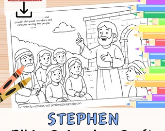 Könnte beinhalten: Eine Schwarz-Weiß-Ausmalvorlage mit einer biblischen Szene und dem Text "STEPHEN Bible Colouring Craft". Das Bild zeigt einen Mann, der zu einer Gruppe von Menschen spricht, mit Buntstiften in der Ecke. Die Worte "INSTANT DOWNLOAD" stehen oben.