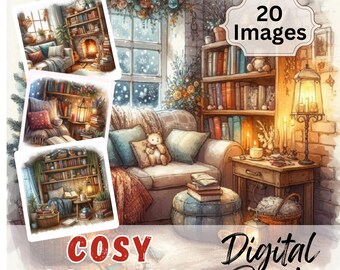 Puede incluir: Una ilustración digital de un rincón de lectura acogedor con un sillón mullido, una estantería llena de libros, una mesa auxiliar con una lámpara y una ventana con vistas a la nieve. La escena está decorada con una guirnalda de vegetación y adornos. El texto "COSY BOOK NOOK" y "Digital Prints" se muestra en la parte inferior de la imagen.