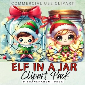 Schattige ELF in een JAR-clipartpakket. Christmas Junk Journal Card Making Hoge kwaliteit transparant 300 dpi PNG-afbeeldingen Commercieel gebruik Clip Art