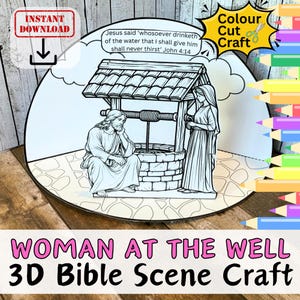 Jezus i kobieta przy studni Historia biblijna Scena 3D Papier do rękodzieła dla dzieci Szkoła niedzielna Wytnij, złóż, przyklej Kolorowanka Chrześcijańska do druku DIY